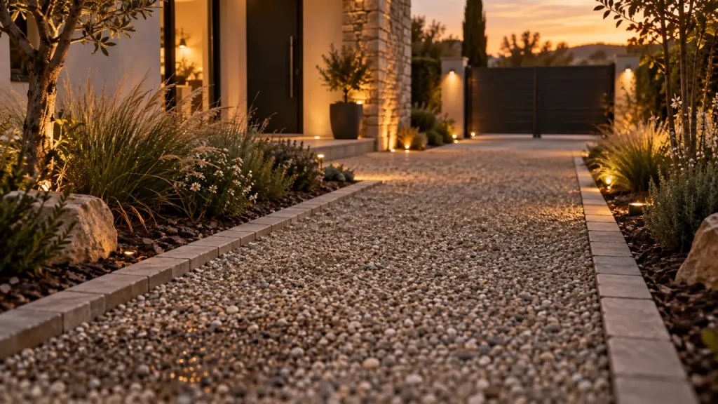 Aménagement extérieur devant maison : entrée en gravier et bordures