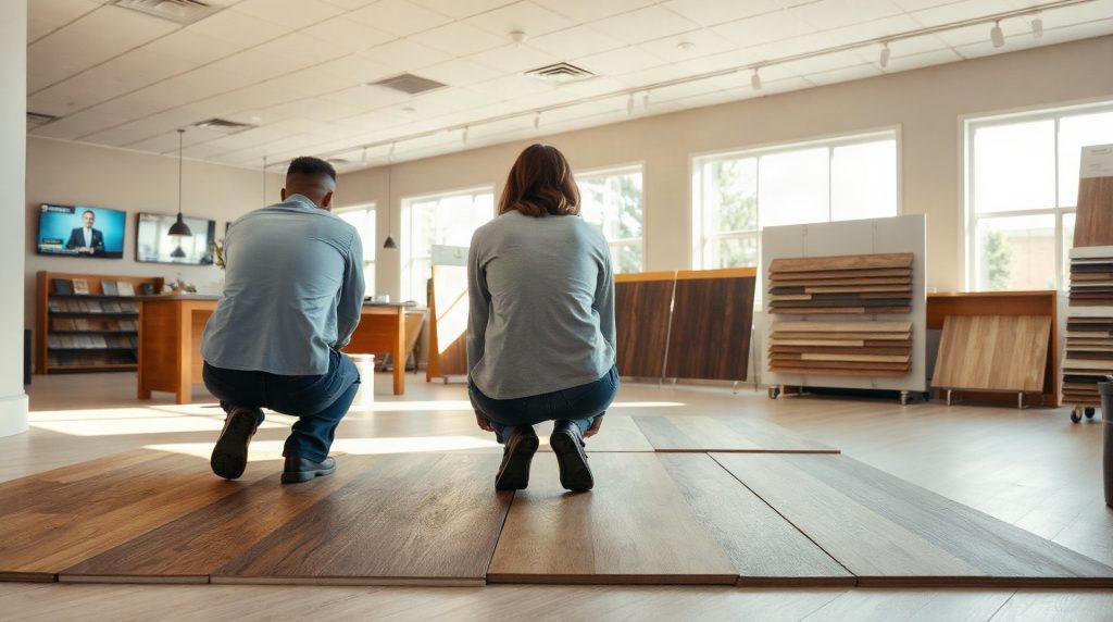 Comparaison d'échantillons de revêtements de sol dans un showroom