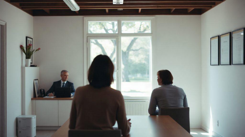 Conseiller en assurance présentant un contrat obsèques à un couple étranger en agence