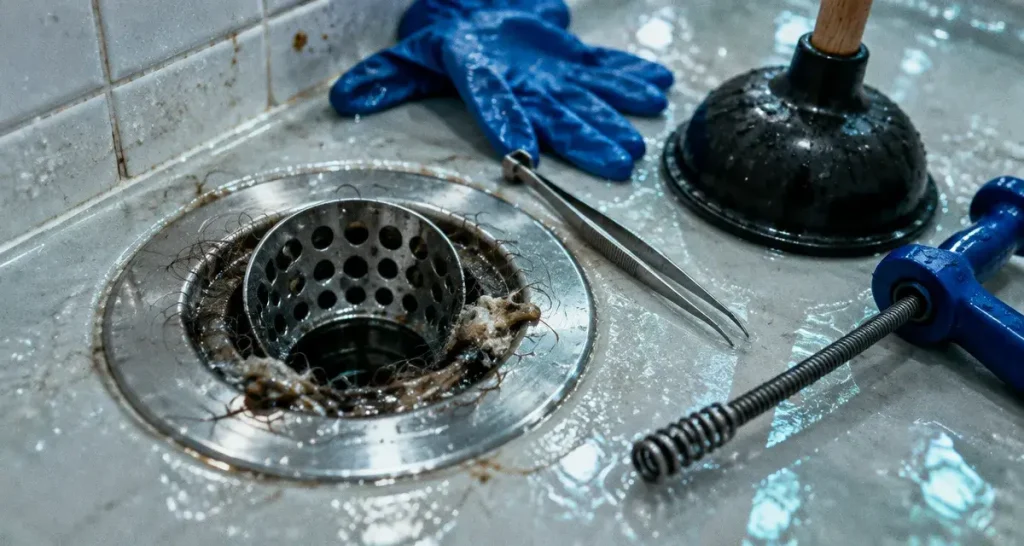 Déboucher une douche : bonde avec cheveux et résidus visibles
