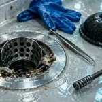 Déboucher une douche : bonde avec cheveux et résidus visibles