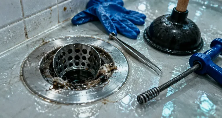 Déboucher une douche : bonde avec cheveux et résidus visibles