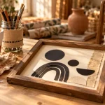 Déco fait maison facile : cadre en papier et chutes de tissu sur table d’atelier
