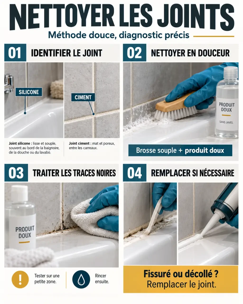 Étapes pour nettoyer un joint de salle de bain noirci et savoir quand le remplacer