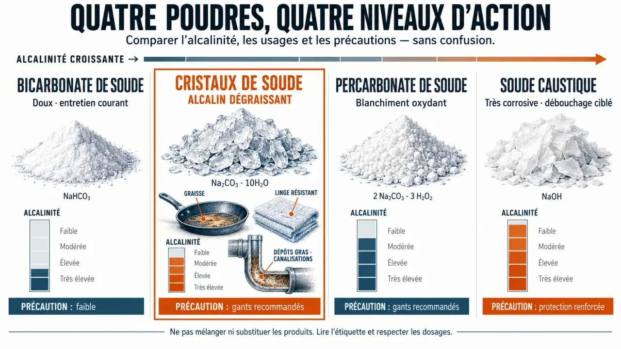 À quoi servent les cristaux de soude : comparaison avec le bicarbonate, le percarbonate et la soude caustique