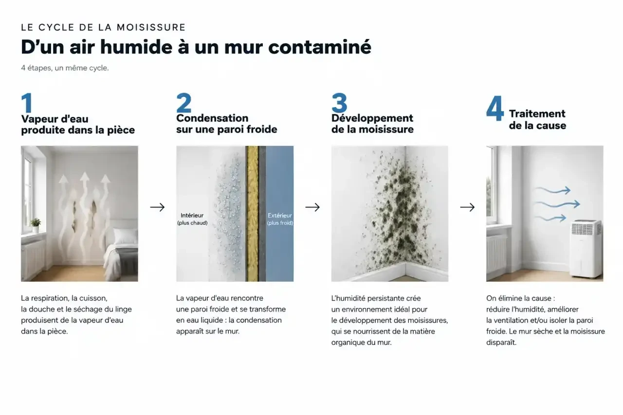 Schéma du cycle de la moisissure sur un mur : humidité, condensation, moisissure puis traitement