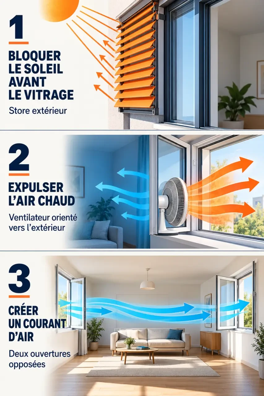 Comment rafraîchir une pièce avec une protection solaire extérieure et un ventilateur bien placé