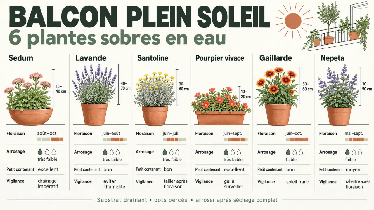 Plantes plein soleil sans arrosage pour balcon : comparaison du sedum, de la lavande, de la santoline et du pourpier vivace