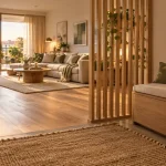 Idee separation entree salon avec claustra bois ajouré, entrée lumineuse vers salon beige