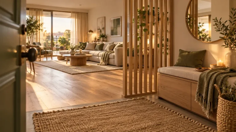Idee separation entree salon avec claustra bois ajouré, entrée lumineuse vers salon beige