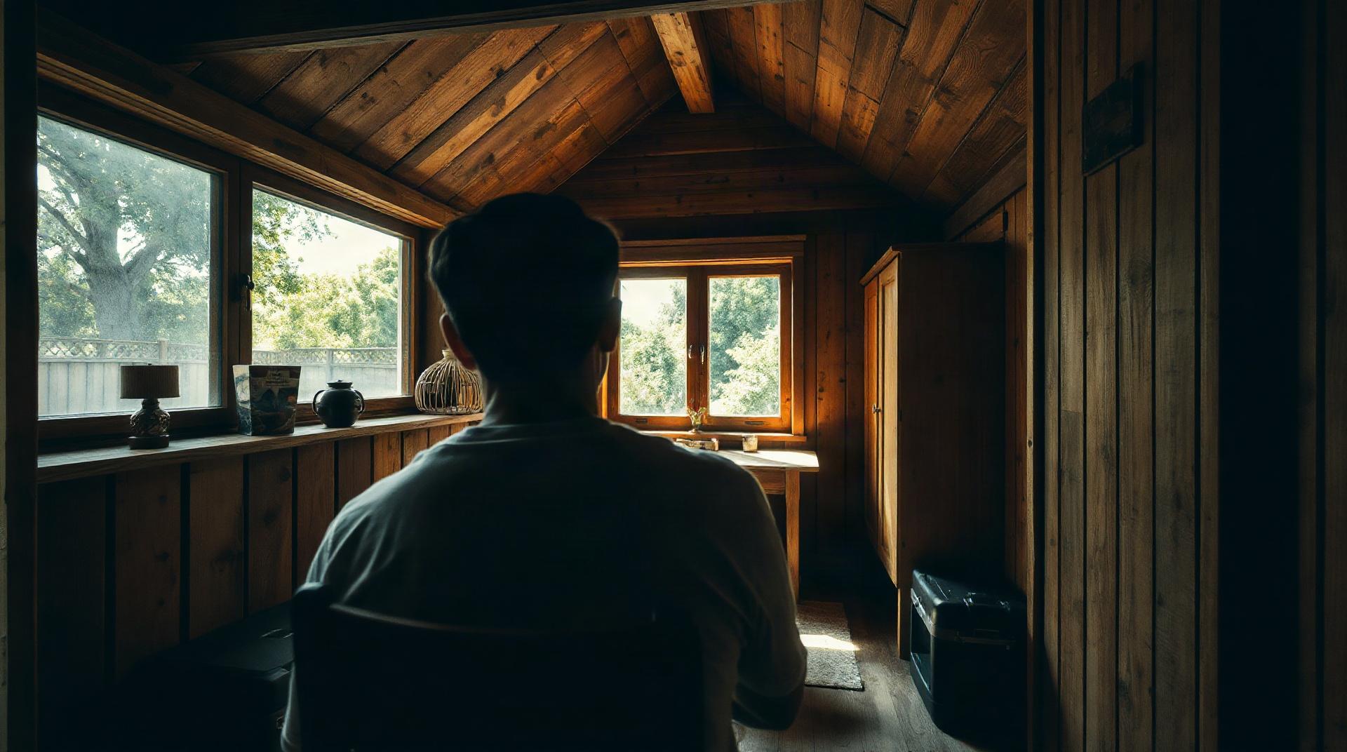 Intérieur d'un bureau de jardin avec mobilier de travail et lumière naturelle
