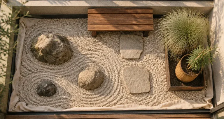 Jardin zen exterieur pas cher : rivière de gravier, pierres et pas japonais