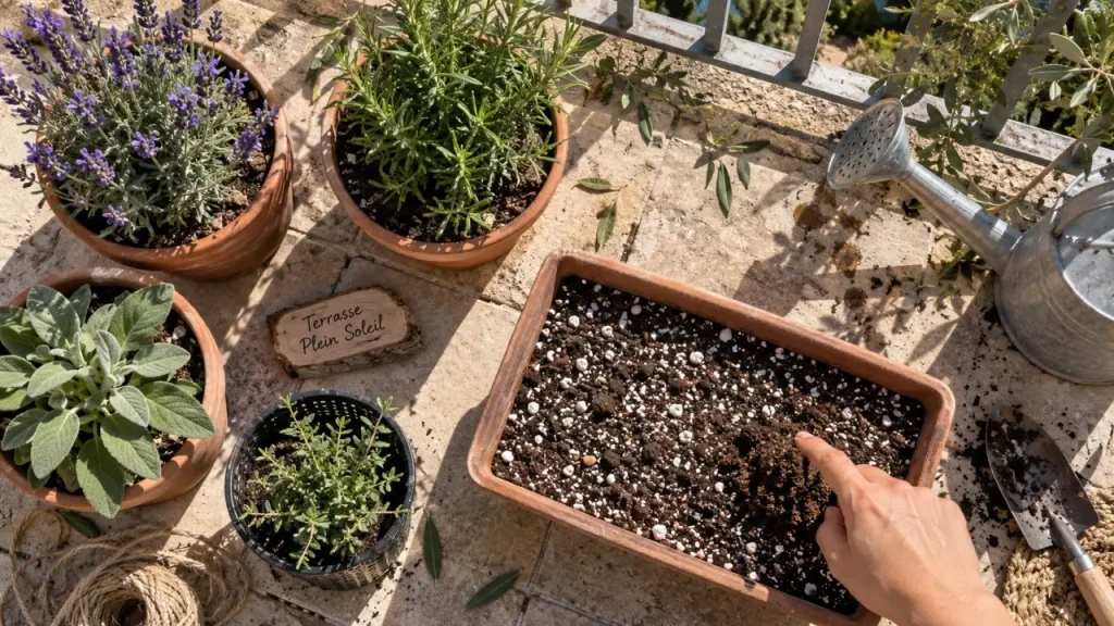 Plante terrasse ensoleillée : pot noir percé et terreau sec