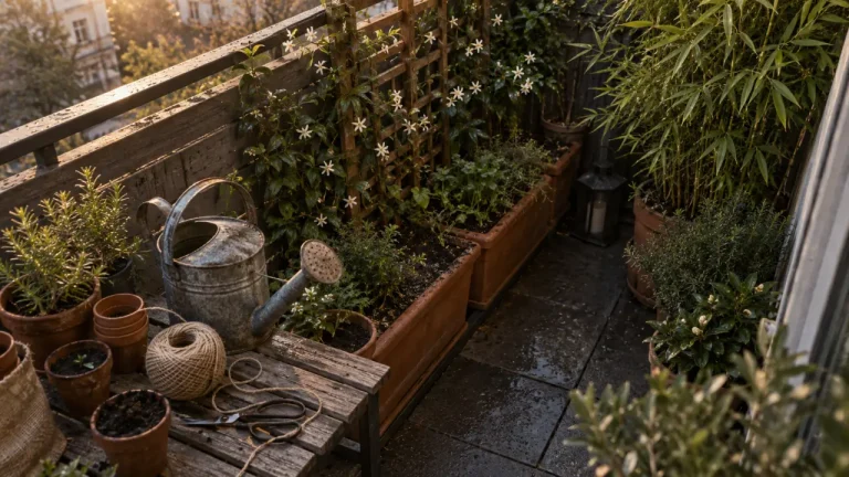 Plantes brise vue sur treillis bois, balcon et clôture