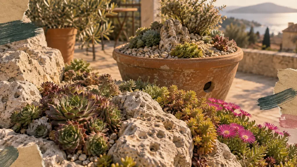 Plantes grasses à fleurs extérieur : rosettes sempervivum et delosperma roses en rocaille drainante