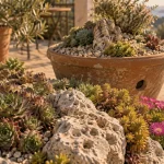 Plantes grasses à fleurs extérieur : rosettes sempervivum et delosperma roses en rocaille drainante