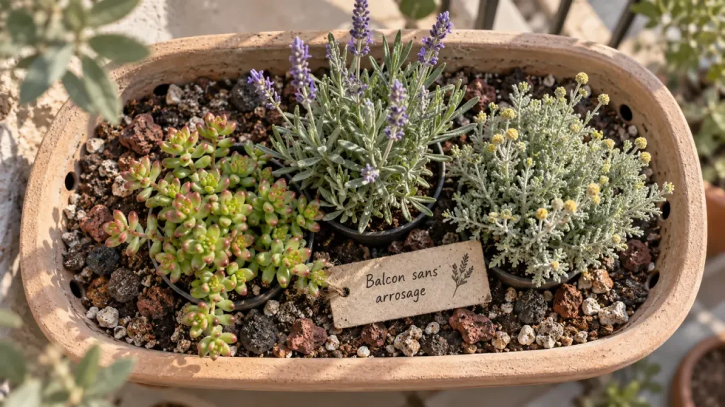 Plantes plein soleil sans arrosage balcon : sedum, lavande argentée, santoline