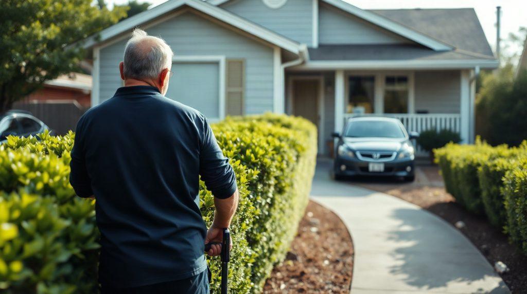 Propriétaire qui taille une haie devant sa maison avant une vente