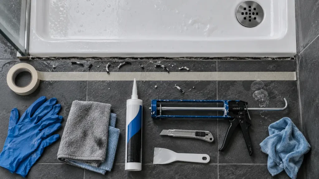 Refaire joint de douche : ancien silicone retiré avant pose