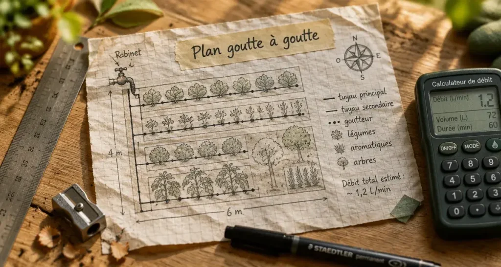 Schéma arrosage automatique goutte goutte et calcul débit