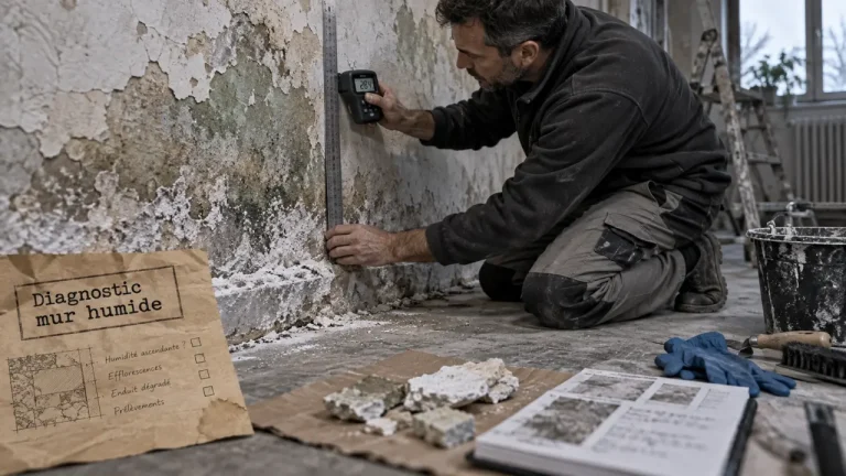 Traitement mur humide : diagnostic d’un mur humide avec sonde et traces d’humidité